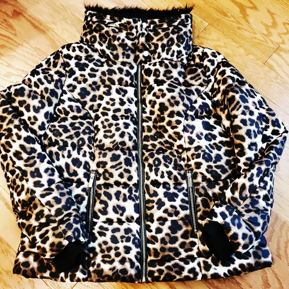 New York & Company Jackets & Blazers - Animal Leopard Print Black Puffer Coat ~  Faux Fur Collar/Fold Out Hood- NY & CO